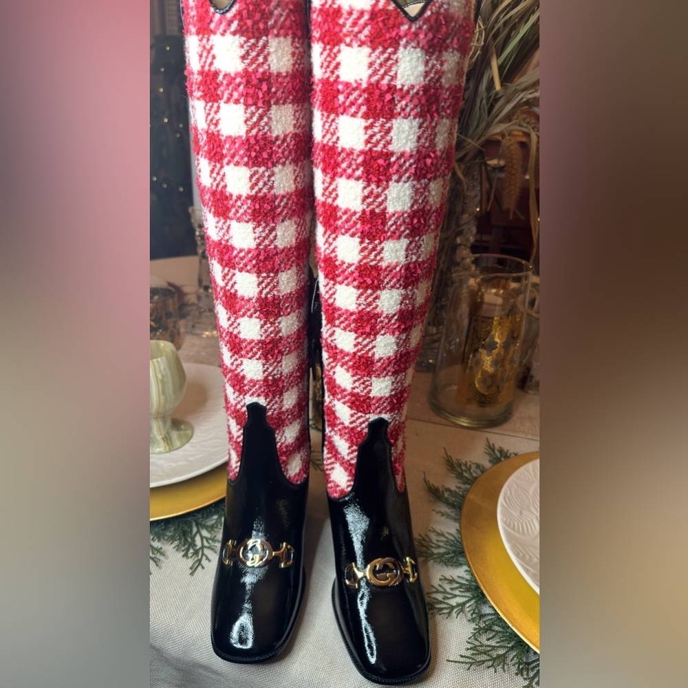 Gucci Red and White Checkered Boots and Bag Set Brand New Size 38 GG Horse Bit - Picture 5 of 7